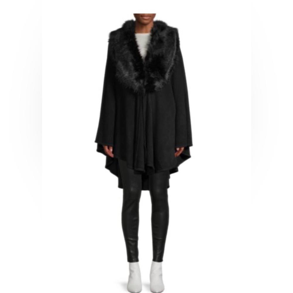 BCBG Faux Fur Collar Poncho